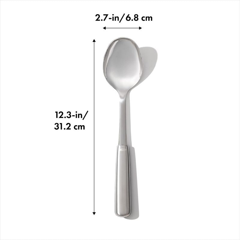 Stainless steel cooking spoon with ergonomic handle, ideal for stirring and serving in style, 31cm long.