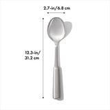 Stainless steel cooking spoon with ergonomic handle, ideal for stirring and serving in style, 31cm long.