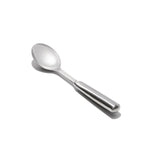 Stainless steel serving spoon with deep well, non-slip handle, angled head for easy serving at the table or in the kitchen.