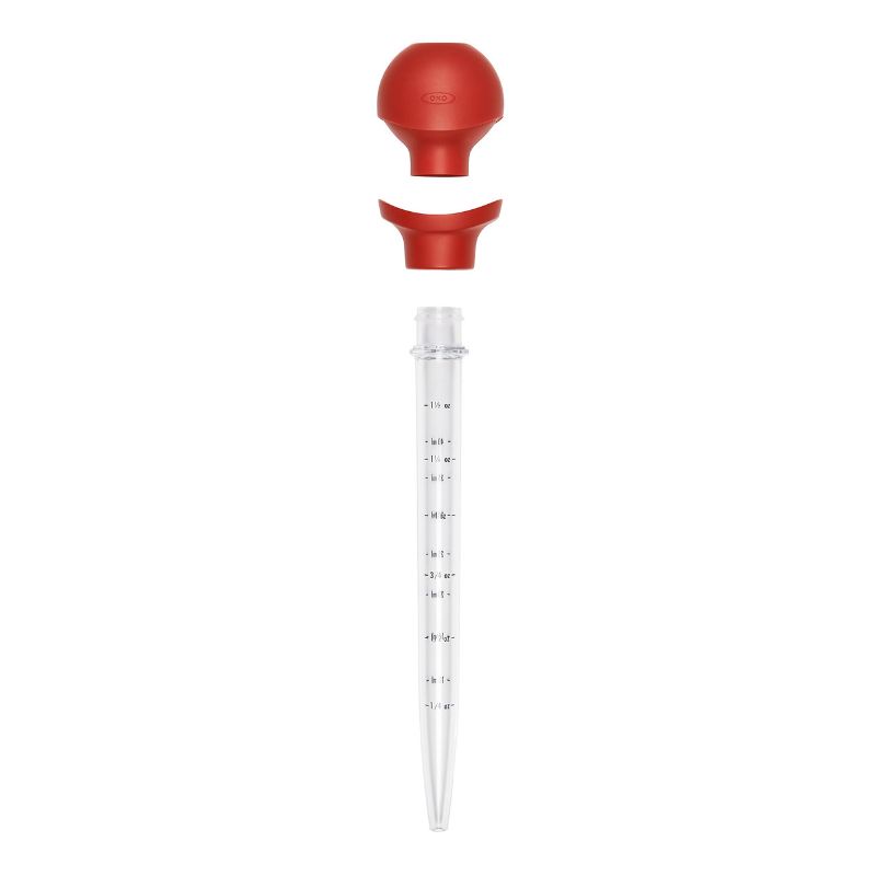 OXO Baster with flat bulb for stability, high-heat resistant tube, and cleaning brush for effortless cooking and cleaning.