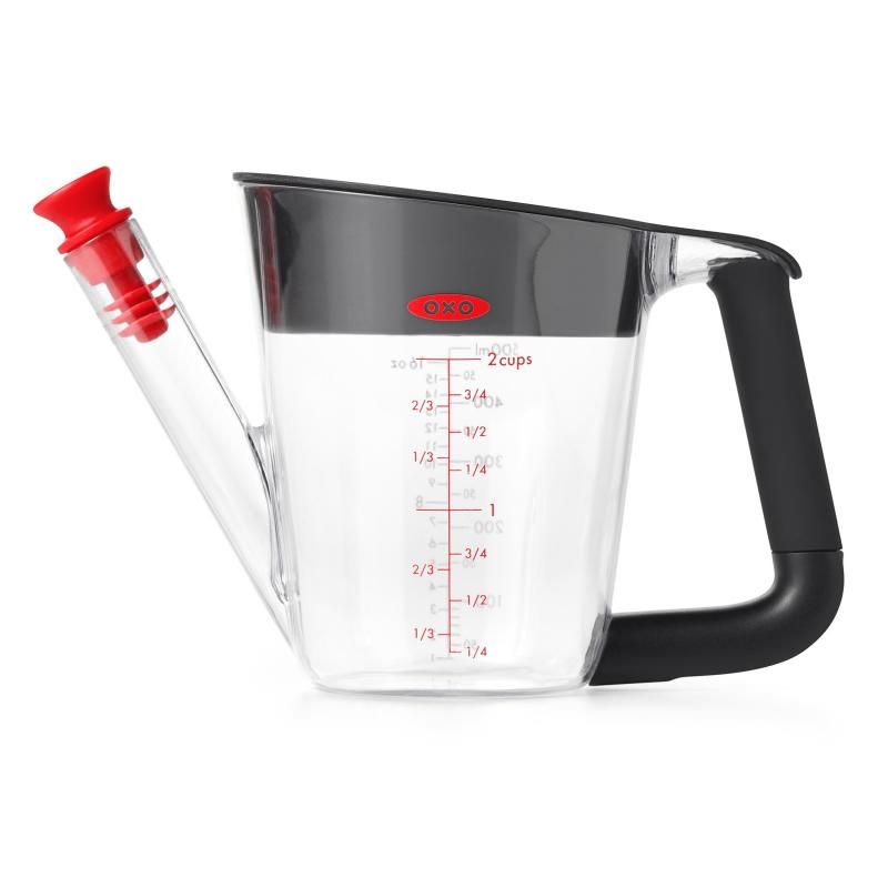 OXO Good Grips Fat Separator: 2-Cup kitchen tool for easy gravy making, featuring a stopper, strainer, and non-slip handle.