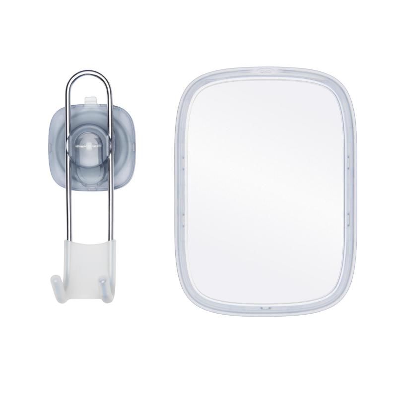 Fogless shower mirror with StrongHold suction, designed for steam environments, features hooks for easy storage and shatterproof acrylic.