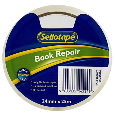 Sellotape 1450 Book Repair Tape, 24mm x 25m, acid-free, UV stable adhesive for durable book and document repairs.