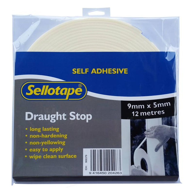 Sellotape 5500 Draught Stop: 5mmx9mmx12m PVC tape for sealing gaps, enhancing home insulation against drafts and dust.