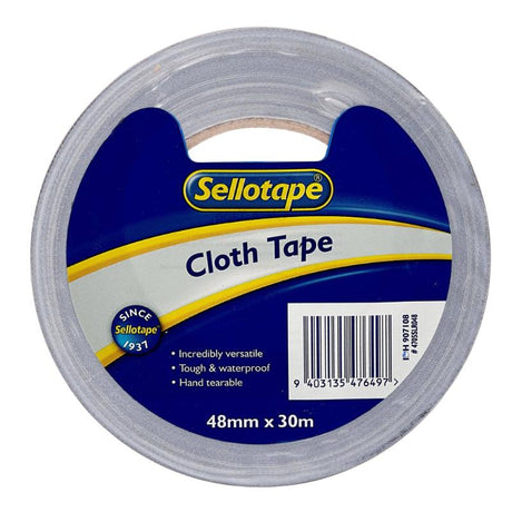 Silver Sellotape 4705 cloth tape, 48mm x 30m, durable, waterproof, hand tearable, ideal for crafts and repairs.