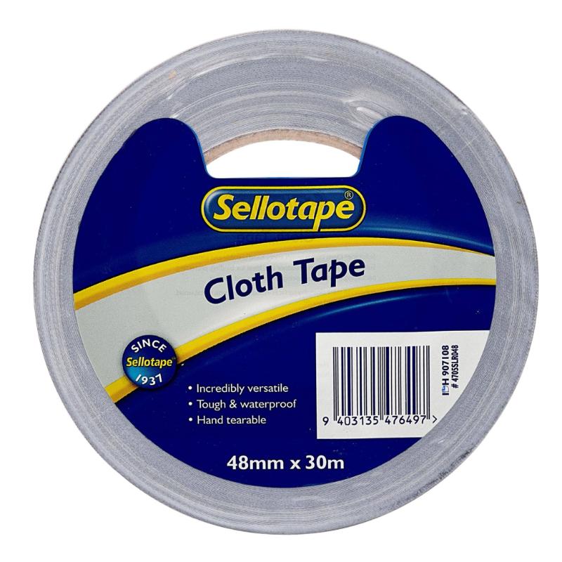 Silver Sellotape 4705 Cloth Tape, 48mm x 30m, tough, waterproof, hand tearable, ideal for versatile repairs and projects.