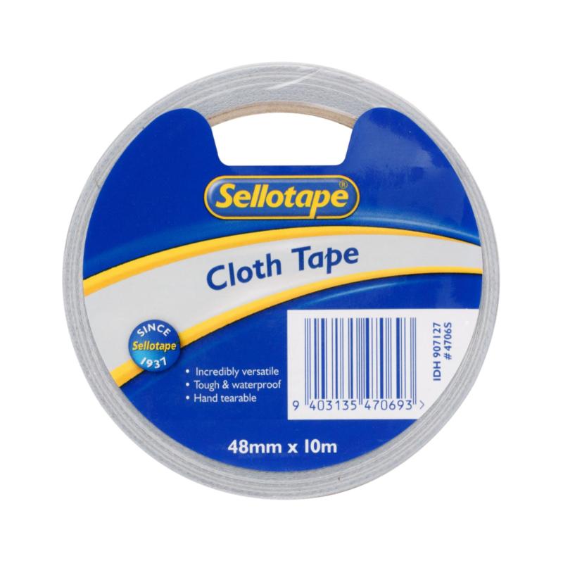 Durable silver cloth tape, 48mm x 10m, hand tearable, waterproof, ideal for repairs and crafts.