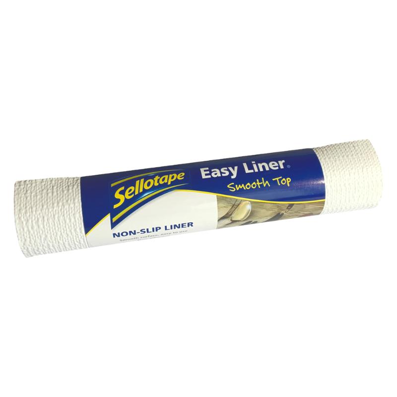 Sellotape Easy Liner Smooth Top, a non-slip, washable liner ideal for organizing shelves and drawers with a clean, stylish finish.