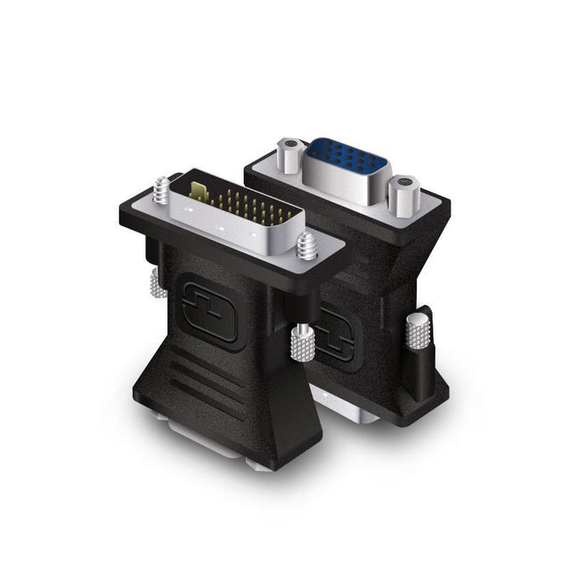 Alogic DVI-I to VGA adapter connecting DVI devices to VGA displays, supporting resolutions up to 2048 x 1536.