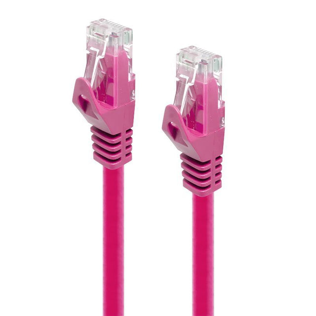 Pink CAT6 network cable with gold-plated RJ45 connectors, 24AWG stranded copper, and PVC jacket, compliant with RoHS.