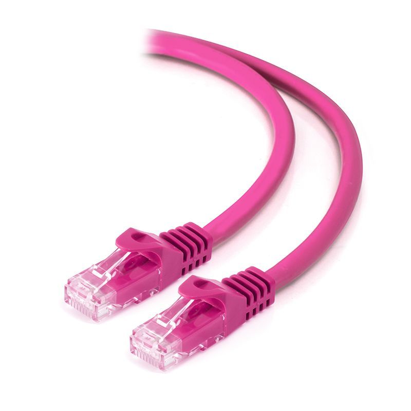 Pink CAT6 network cable with gold-plated RJ45 connectors, stranded copper conductors, and 2-year warranty.