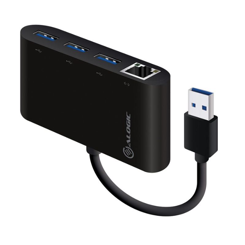 Alogic USB 3.0 hub with 3 ports and Gigabit Ethernet, offering fast data transfer and stable internet connectivity.