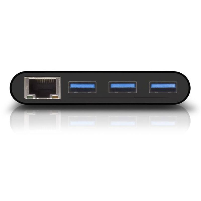 Alogic USB 3.0 hub with 3 ports and Gigabit Ethernet, offering 5 Gbps data speed and compact, portable design.