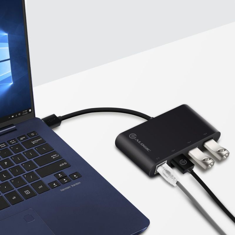 Alogic USB 3.0 hub with 3 ports and Gigabit Ethernet, ideal for fast data transfer and stable internet connection.