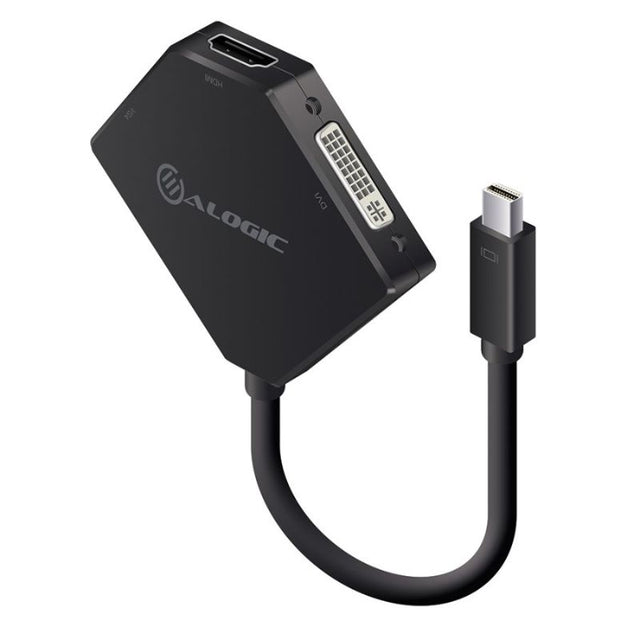 Alogic 3-in-1 Mini DisplayPort adapter with HDMI, DVI, and VGA outputs, ideal for expanding display connectivity.