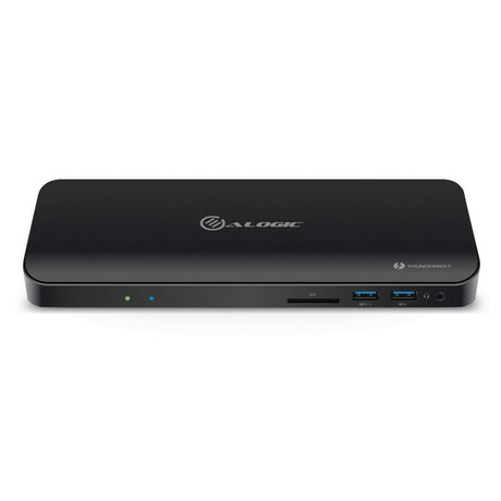 Alogic Thunderbolt 3 Dual Display Docking Station in black, supports dual 4K displays, features multiple ports for versatile connectivity.