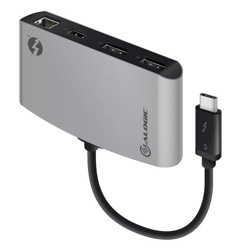 Alogic ThunderBolt 3 portable docking station with dual DisplayPort for dual 4K displays and multiple USB connections.