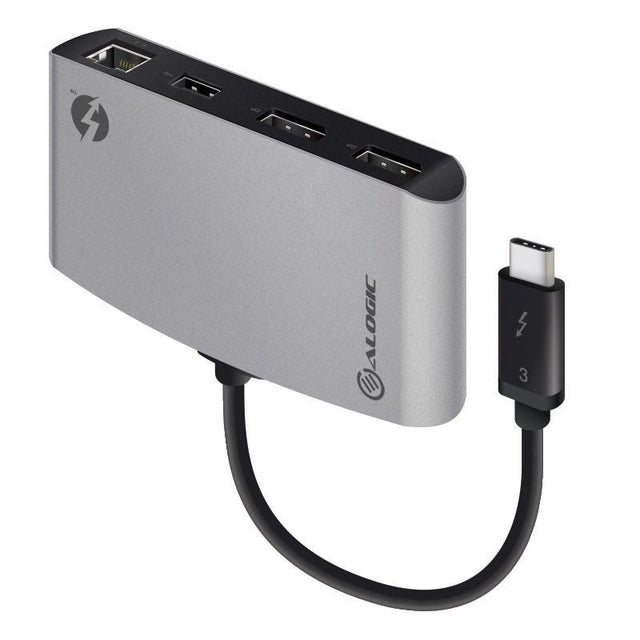 Alogic ThunderBolt 3 portable docking station with dual DisplayPort for dual 4K displays and multiple USB connections.