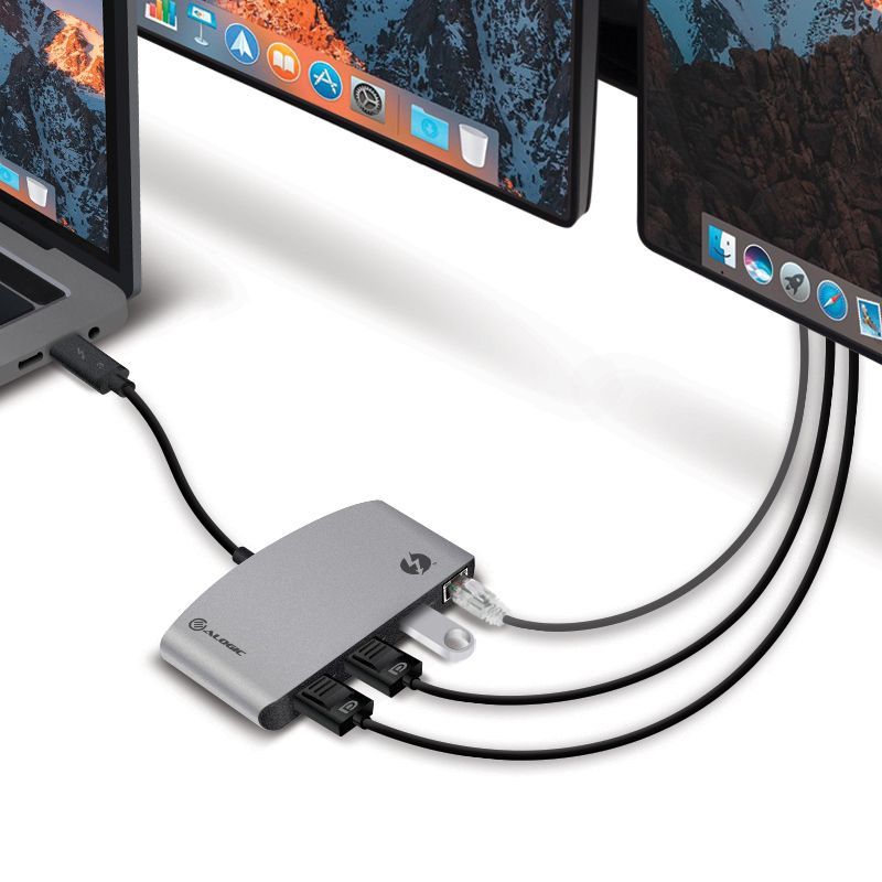 Alogic ThunderBolt 3 portable docking station with dual 4K outputs, USB ports, and compact design for enhanced productivity.