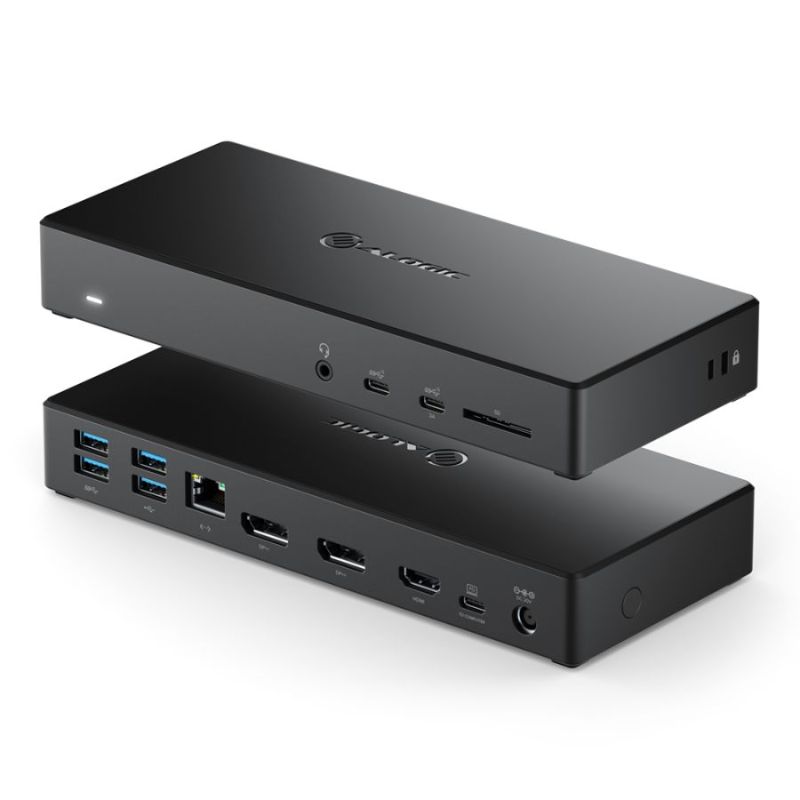 Alogic USB-C docking station with 100W power, supporting triple displays via 2x DP and 1x HDMI in up to 4K resolution.