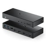 Alogic USB-C docking station with 100W power, supporting triple displays via 2x DP and 1x HDMI in up to 4K resolution.