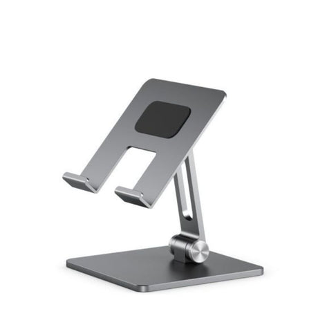 Sleek space grey adjustable tablet stand featuring stability, lightweight design, and ergonomic support for all tablets.