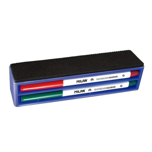 Milan Magnetic Whiteboard Eraser with markers, featuring strong magnets and vibrant alcohol-based ink in four colors.