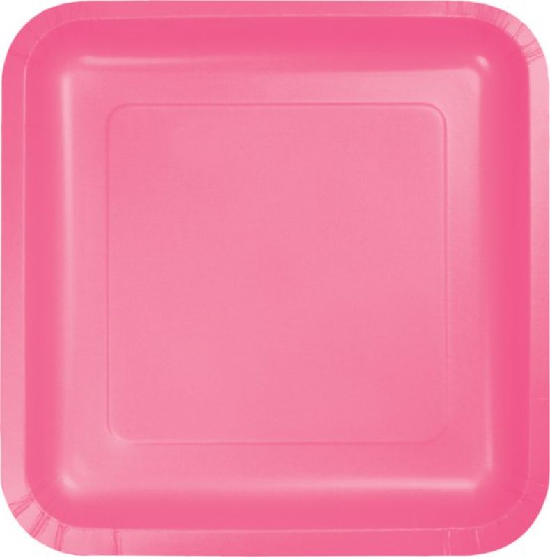 Candy pink square paper dinner plates, 23cm, pack of 18, perfect for stylish dining at parties and gatherings.