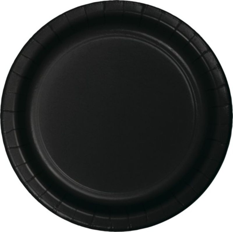 Elegant black velvet lunch plates measuring 18cm, pack of 24, perfect for stylish events and easy clean-up.