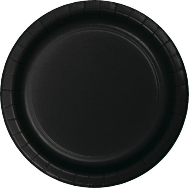 Elegant black velvet lunch plates measuring 18cm, pack of 24, perfect for stylish events and easy clean-up.