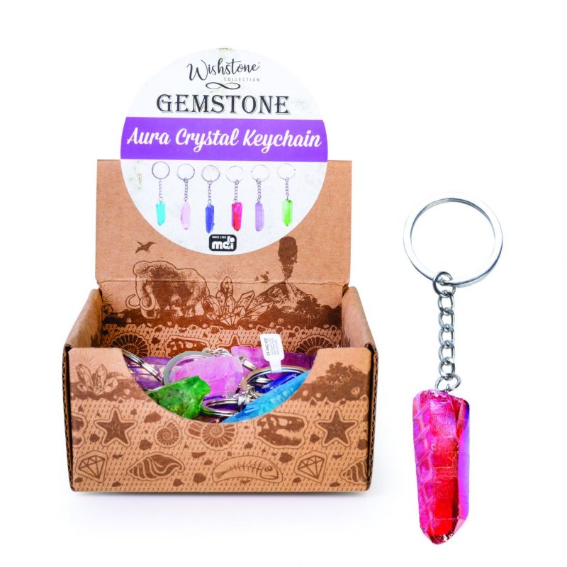 Set of 12 vibrant gemstone Aura Quartz point keychains in assorted colors, perfect for stylish key organization.