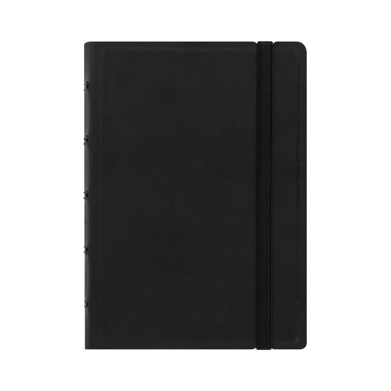 Elegant black Filofax notebook with elastic closure, 56 sheets of lined paper, and flexible page options for personalized note-taking.