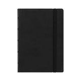 Elegant black Filofax notebook with elastic closure, 56 sheets of lined paper, and flexible page options for personalized note-taking.