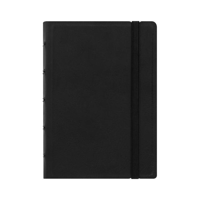 Elegant black Filofax notebook with elastic closure, 56 sheets of lined paper, and flexible page options for personalized note-taking.