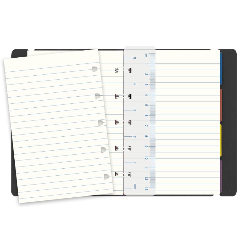 Elegant black Filofax notebook with elastic closure, 56 sheets of ruled paper, and flexible page arrangement options.