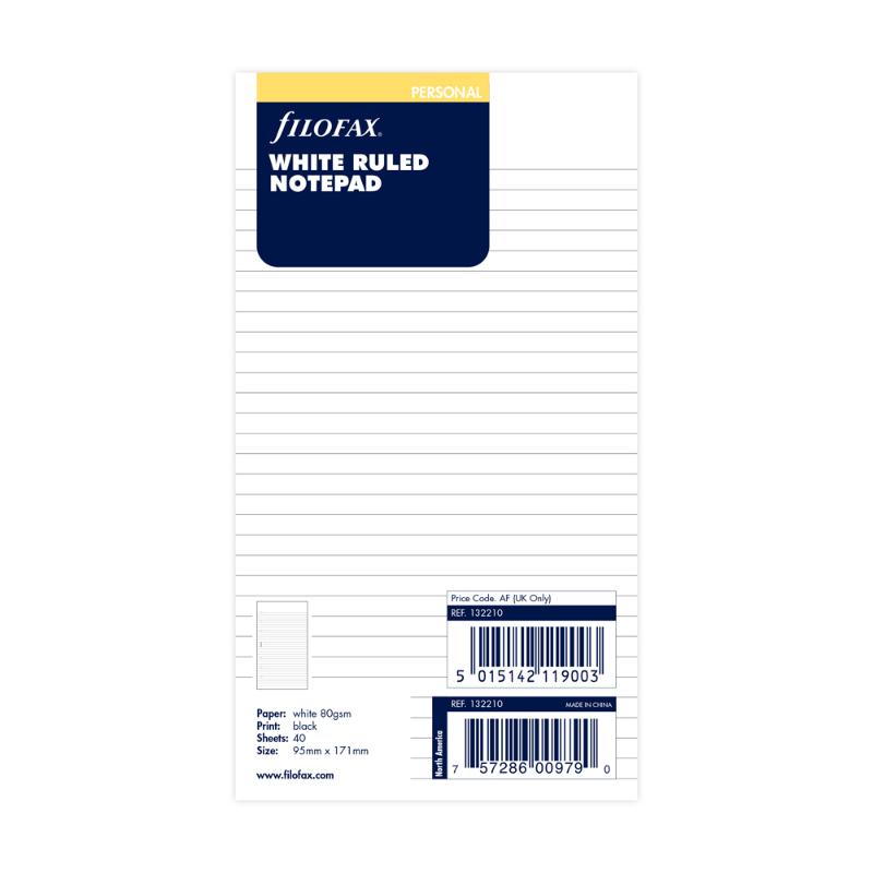 White lined notepad refill for Filofax Personal Organisers, featuring 40 sheets of 80gsm paper for smooth writing.