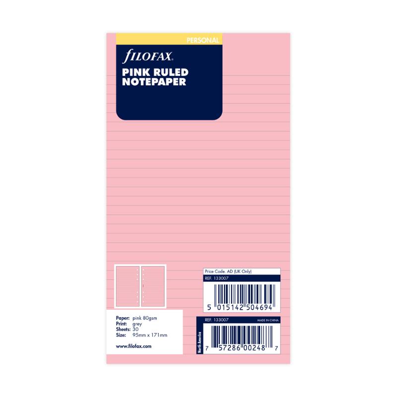 Filofax Personal Pink Lined Notepaper Refill 30 Sheets