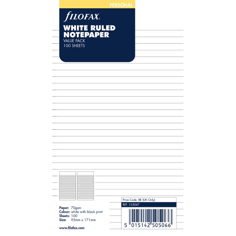 Filofax personal white lined notepaper refill pack, 100 sheets for organized note-taking in planners.