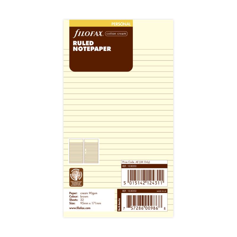 Filofax Personal Cream Lined Notepaper Refill