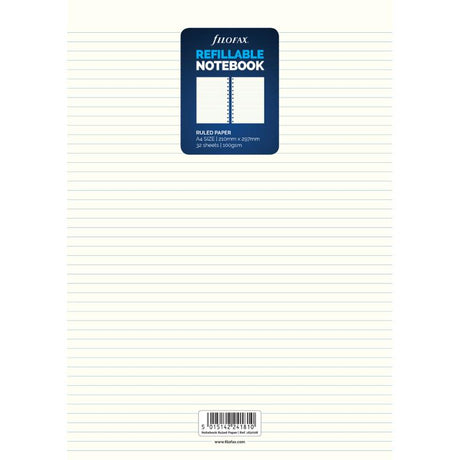 Filofax A4 White Ruled Refill with 32 high-quality 100gsm sheets, perfect for note-taking and journaling.