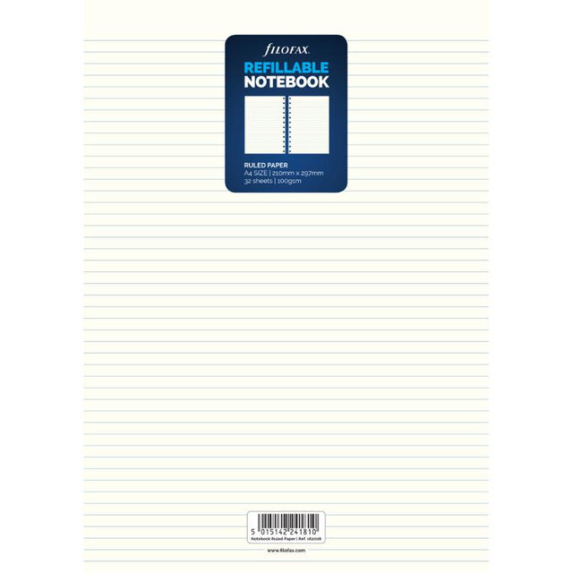 Filofax A4 White Ruled Refill with 32 high-quality 100gsm sheets, perfect for note-taking and journaling.