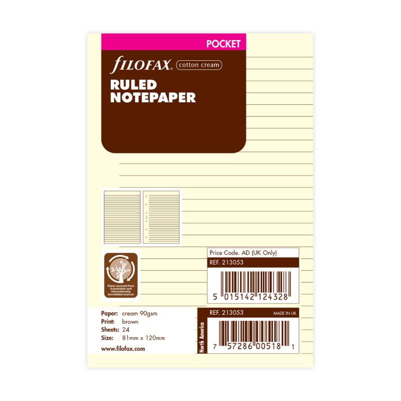 Filofax Pocket Cream Lined Notepaper Refill