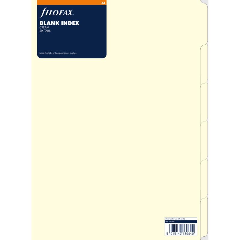 Filofax A4 Cream Blank Index 6 Tabs Refill