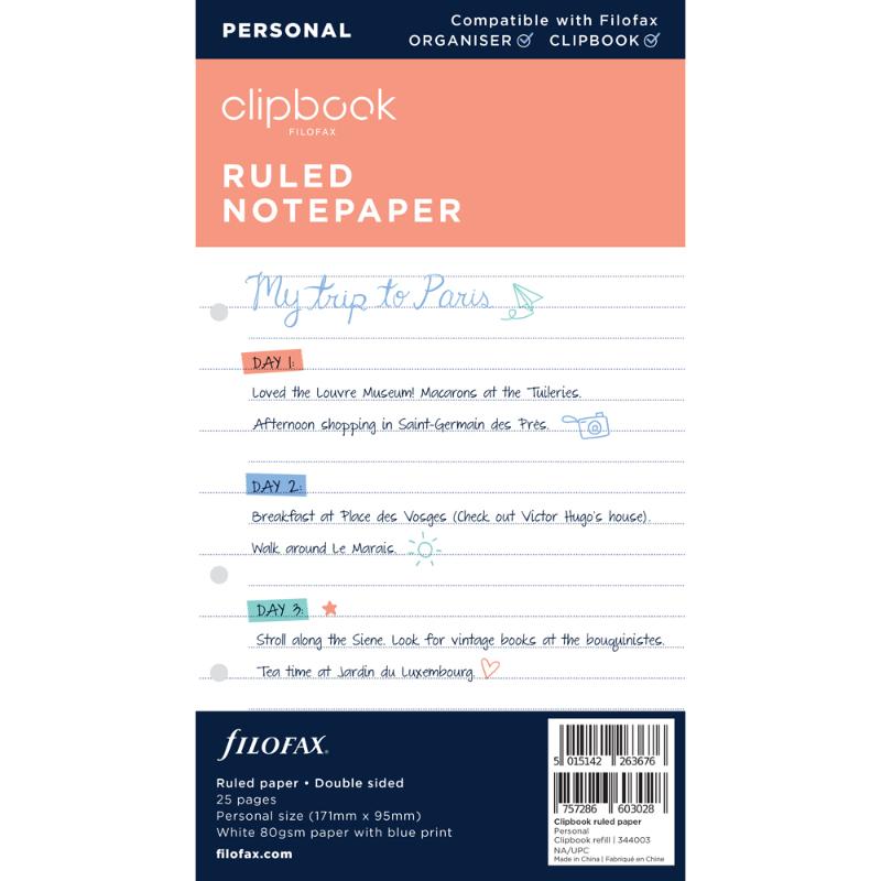 Filofax Clipbook Personal Ruled Paper Refill with 25 double-sided 80gsm sheets, perfect for organizing notes and tasks.