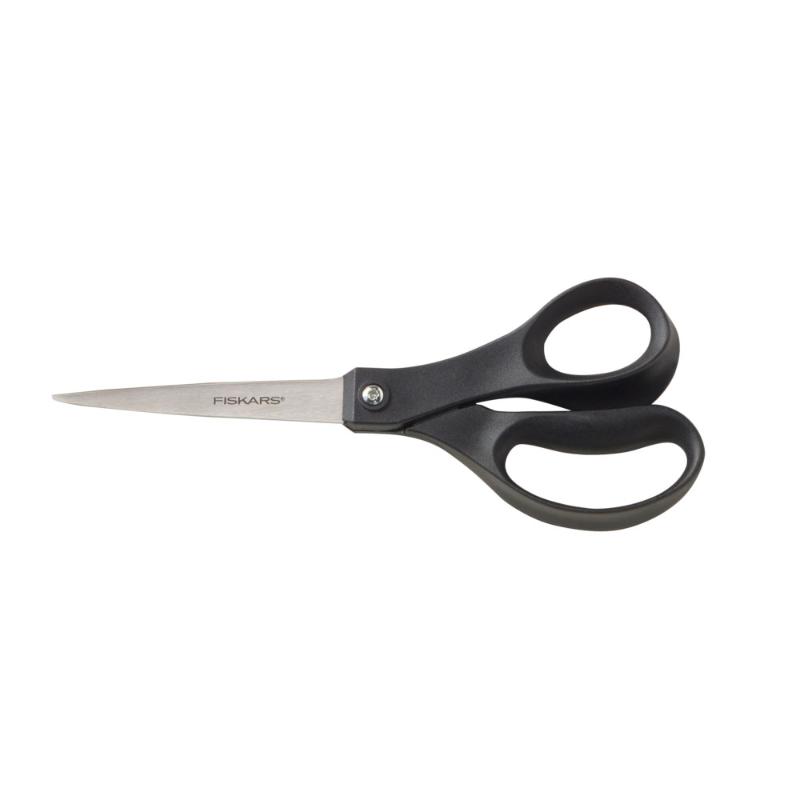 Fiskars 8-inch eco-friendly scissors with durable stainless steel blades and ergonomic handle, made from 90% recycled materials.