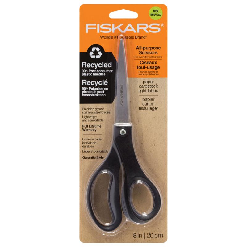 Eco-friendly Fiskars Performance Scissors with 8-inch stainless steel blades and ergonomic handle for precision cutting.