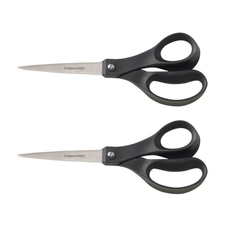 Eco-friendly Fiskars scissors, 8-inch, sharp stainless steel blades, durable ergonomic handles, two-pack for precise cutting.