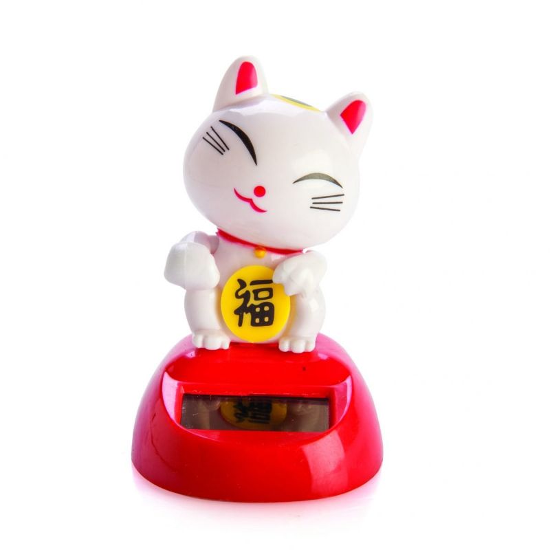 Solar-powered Lucky Cat figurine waving cheerfully, designed to bring good fortune and joy to your space.