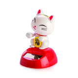 Cute solar-powered Lucky Cat figurine waving cheerfully, symbolizes prosperity and joy, perfect for home or office decor.