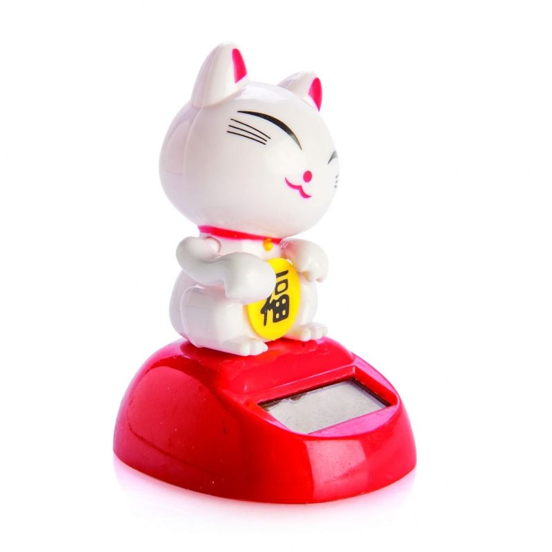 Adorable solar-powered Lucky Cat figurine waving while hugging a lucky sign, perfect for desk or dashboard decoration.